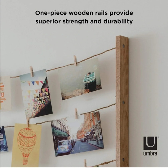 Hanging photo collage with two wood wall mounts, and rope with clothespins - Picture 7 of 12